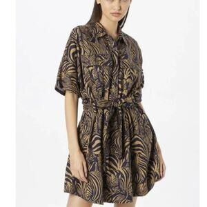 Banana Republic Women Linen Utility Dress Zebra Safari Print Brown Navy S Resort
